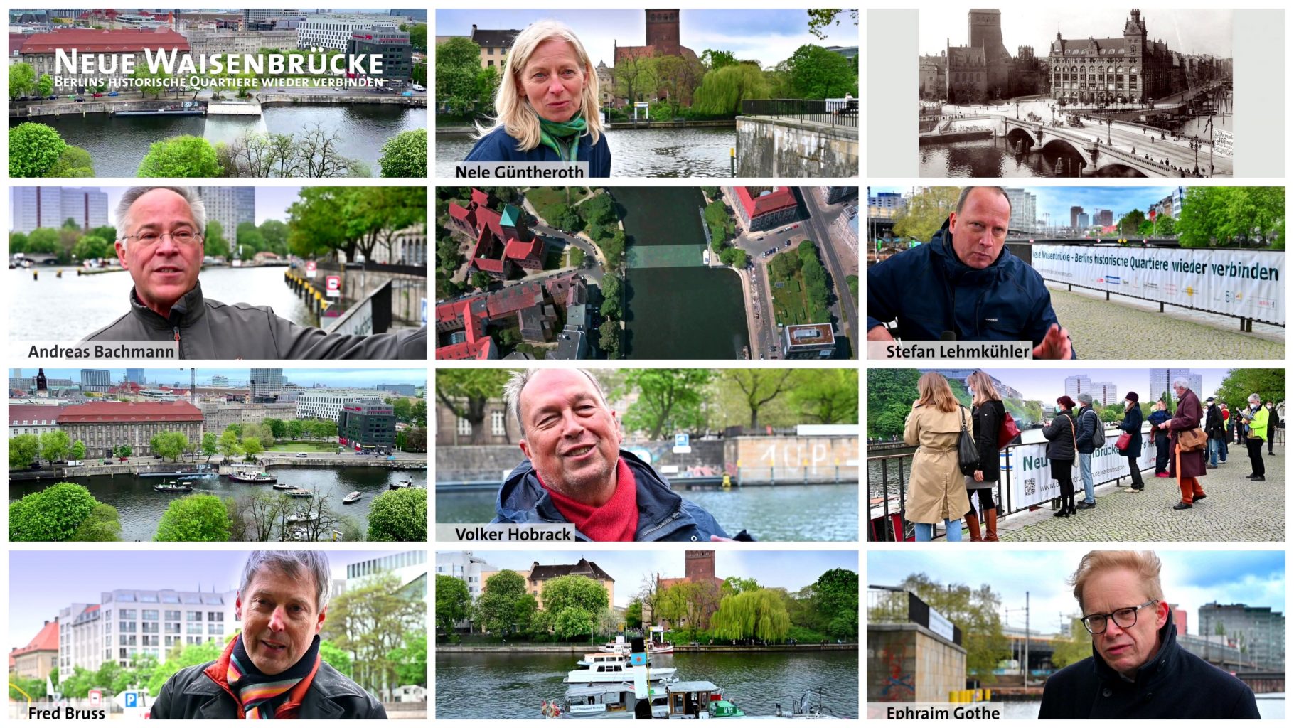 Das Neue Waisenbrücke Video. – Diese Collage zeigt Szenen-Ausschnitte aus dem Youtube-Video mit Statements und Bildern der „Schiffs-Brücke“ beim Brückentag 2021. – Klick das Bild für eine Großansicht